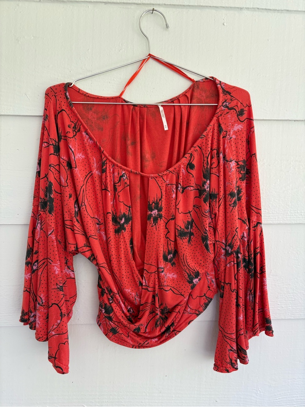 Free People Orange Red Floral Twist Front Bell Sleeve Top Medium Boho Festival